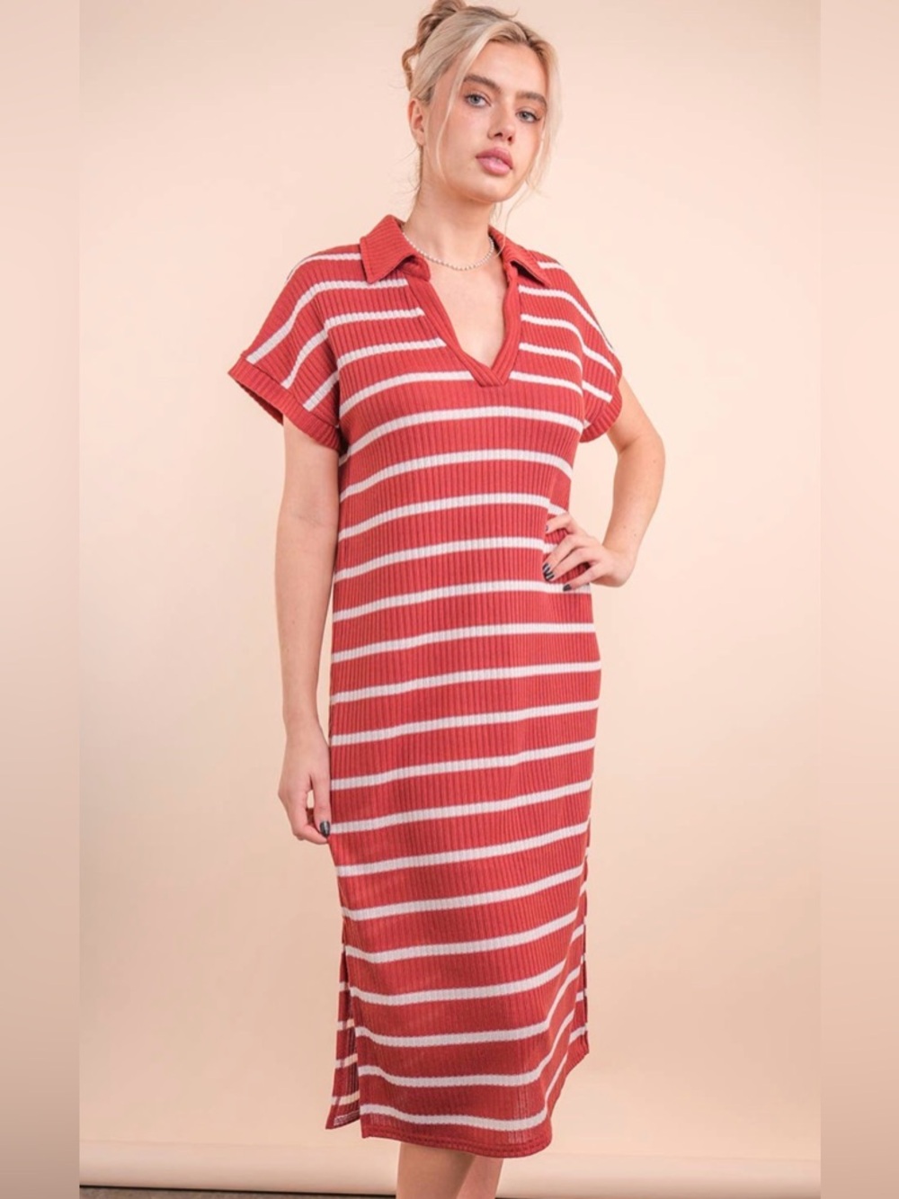 218. Very J Rust and White Striped Knit Polo Midi Dress